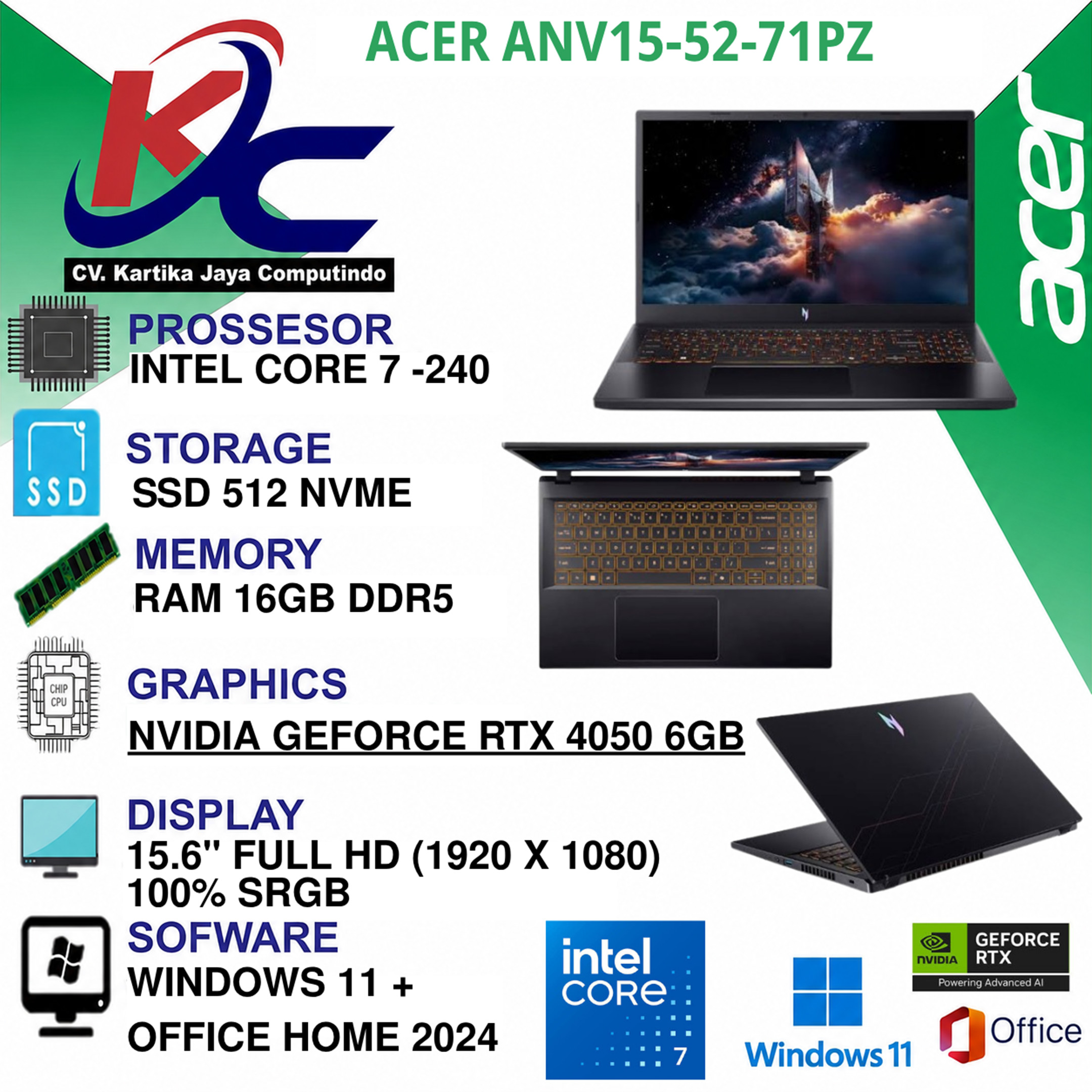 ACER ANV15-52-71PZ  CORE 7-240U/ 16GB/ SSD 512GB/ RTX4050-6GB/ W11 OHS+M365 